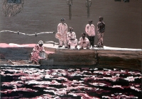 Pier Watchers Dubai Cunningham oil on canvas 76 x 73cm